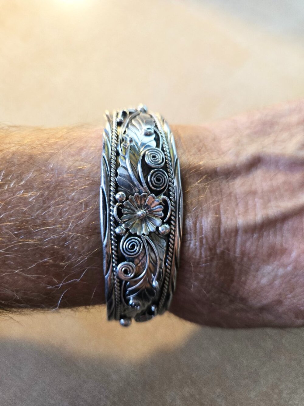 Vintage Happy Flower Navajo Sterling Silver Cuff Bracelet